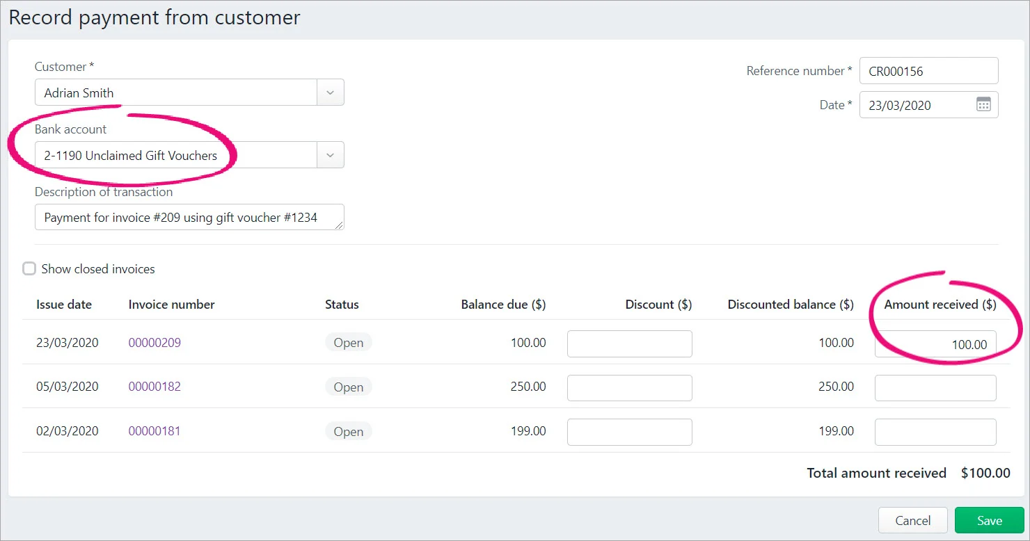 Example invoice payment using gift voucher