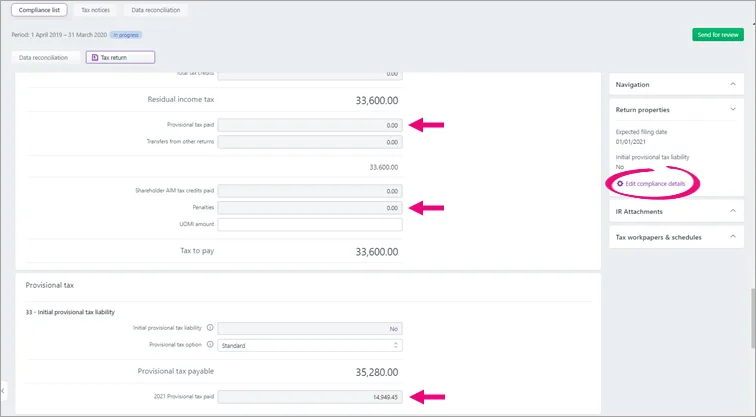 The Provisional tax paid, Penalties and 20xx Provisional tax paid fields highlighted in a tax return, and the Eit compliance details option highlighted in the panel on the right of the tax return