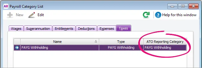 PAYG category with ato category highlighted