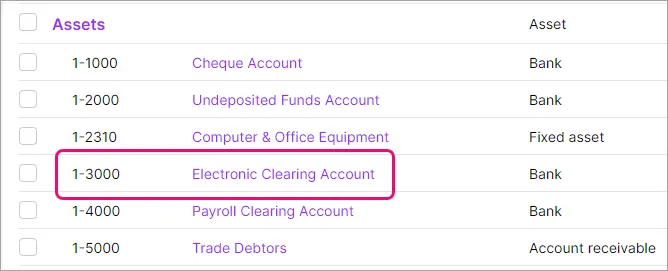 Example electronic clearing account highlighted in the category list