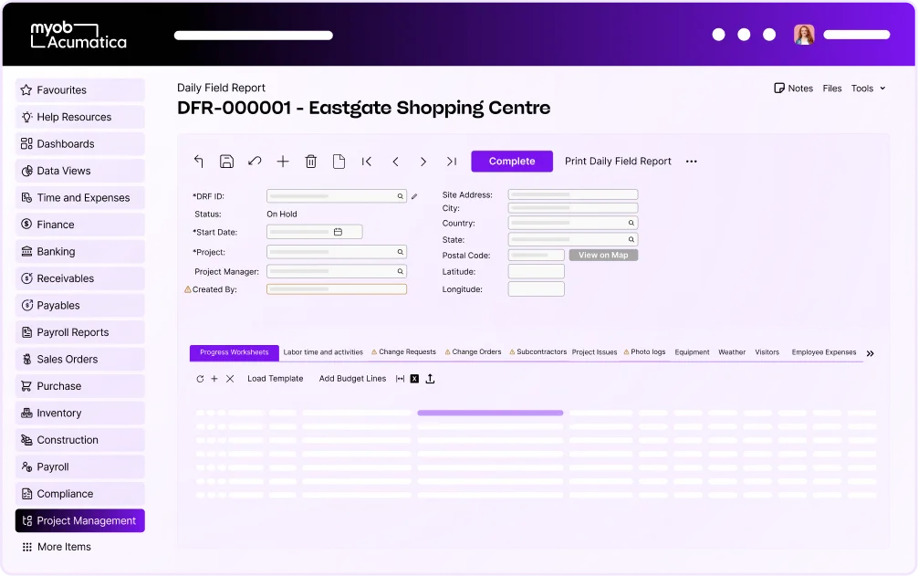 MYOB Acumatica interface showing Daily Field Report for Eastgate Shopping Centre with form fields and navigation menu.