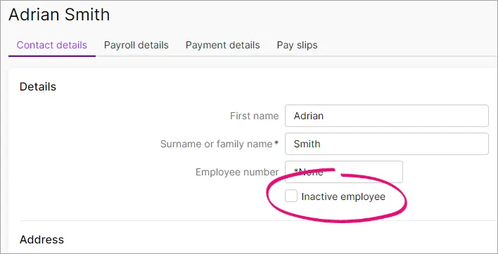 Example employee record with inactive employee option deselected