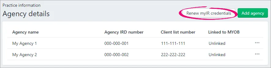 Renew myIR credentials button highlighted on the top right of the Agency details page