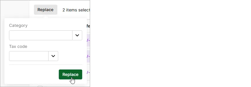 Example find and replace tab with replace button clicked and category and tax code fields shown