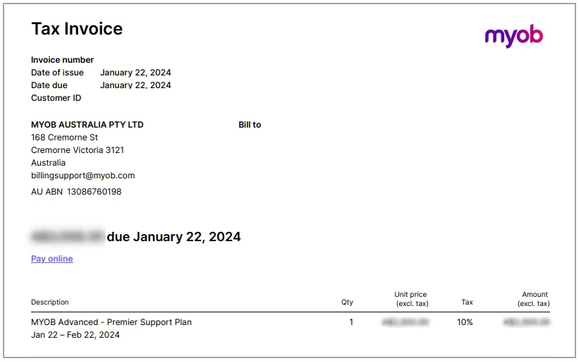 MYOB Advanced PS invoice sample snippet