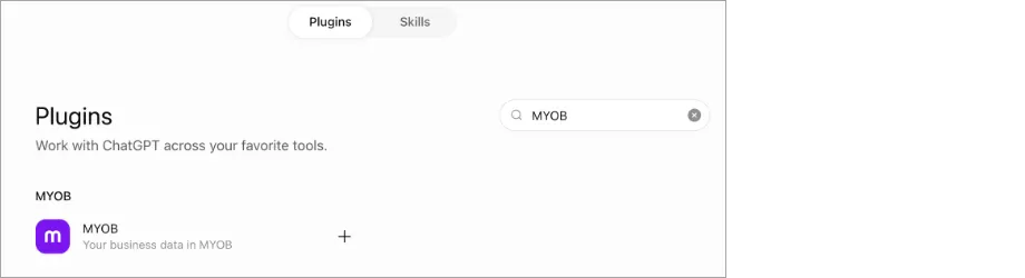 Example plugins in ChatGPT with MYOB shown