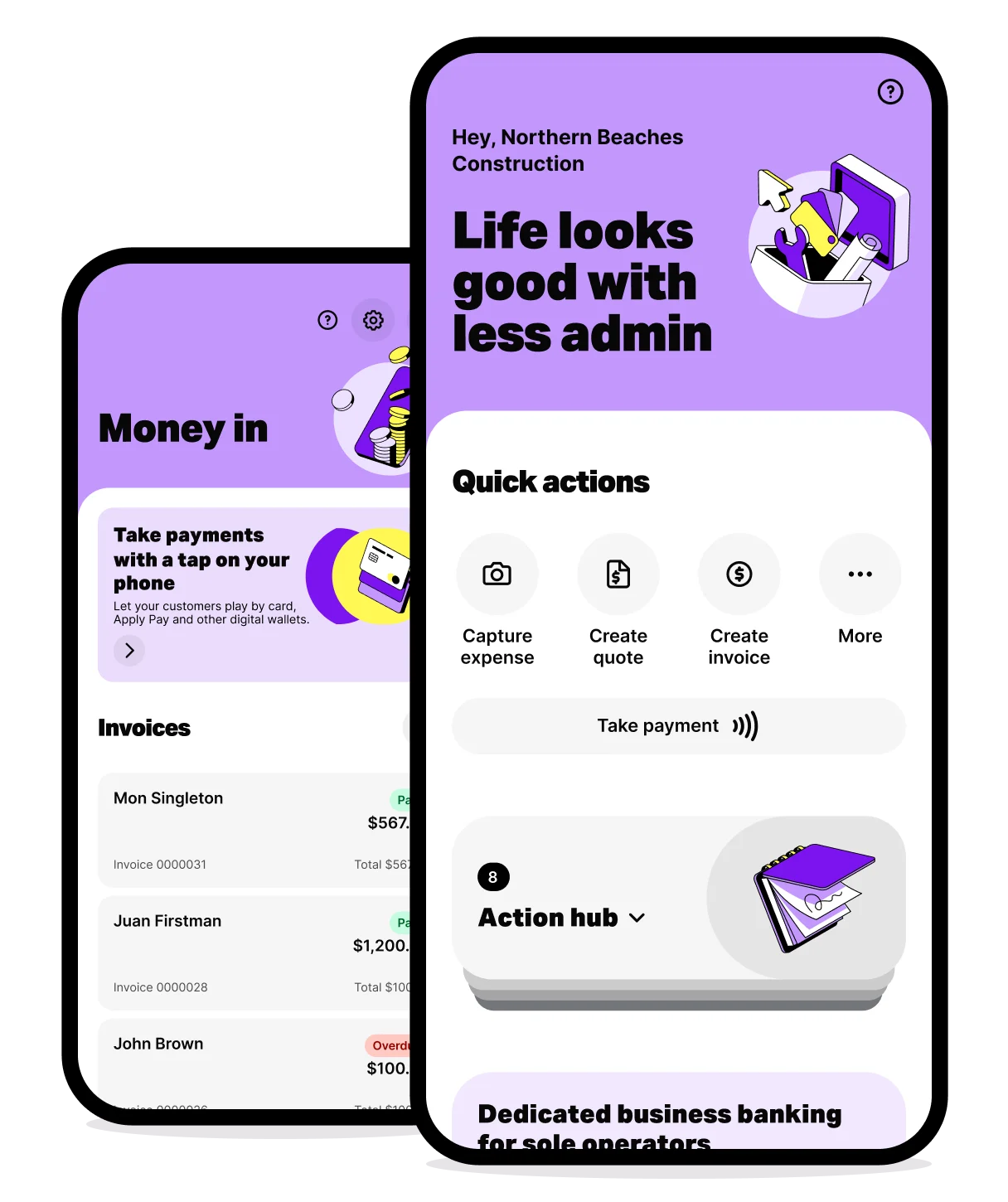 Solo app displayed on two mobile devices, showing buttons to capture expenses, send invoices, take payments, and the Solo Money bank balance.