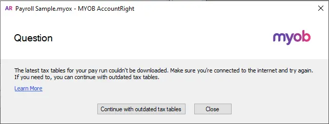 Tax table download message