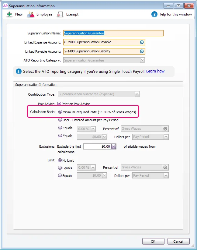 Example super guarantee payroll category with new option highlighted