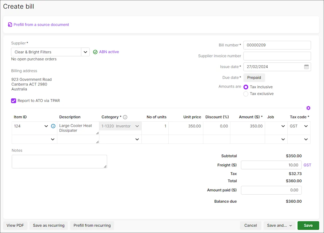 Form Add Bill Entering bills