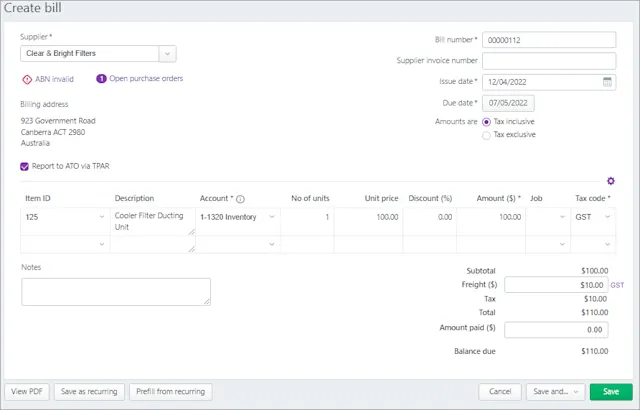 Order Bill Example Entering bills