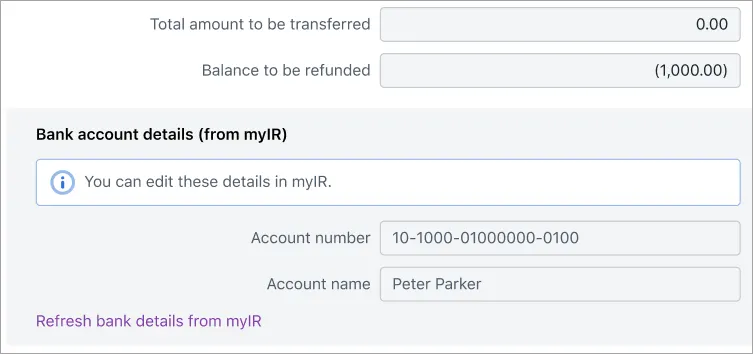 Refresh bank details from myIR option at the bottom of the Bank account details (from myIR) section