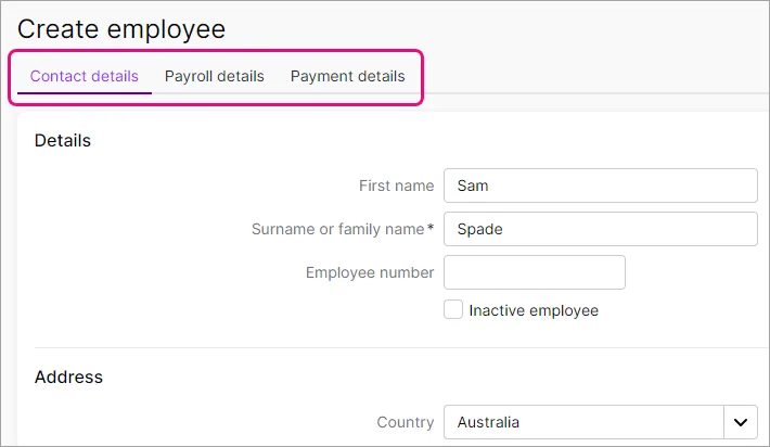 Example create employee screen with tabs highlighted