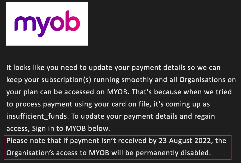 Fake MYOB email with urgent message