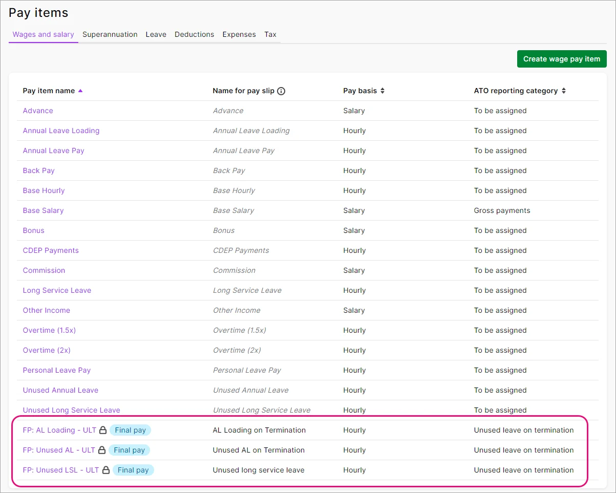 Example pay items list with 3 final pay pay items highlighted