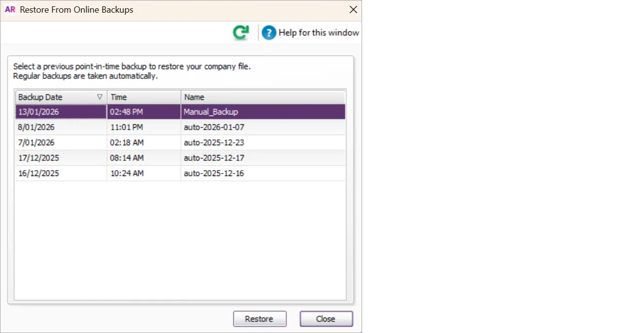 Example window showing the list of online backups