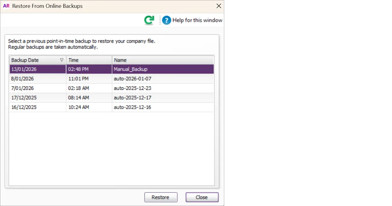 Create an online backup of your company file