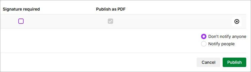 Signature, notification and Publish options