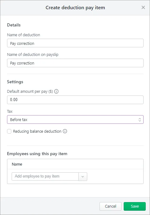 Example pay correction deduction