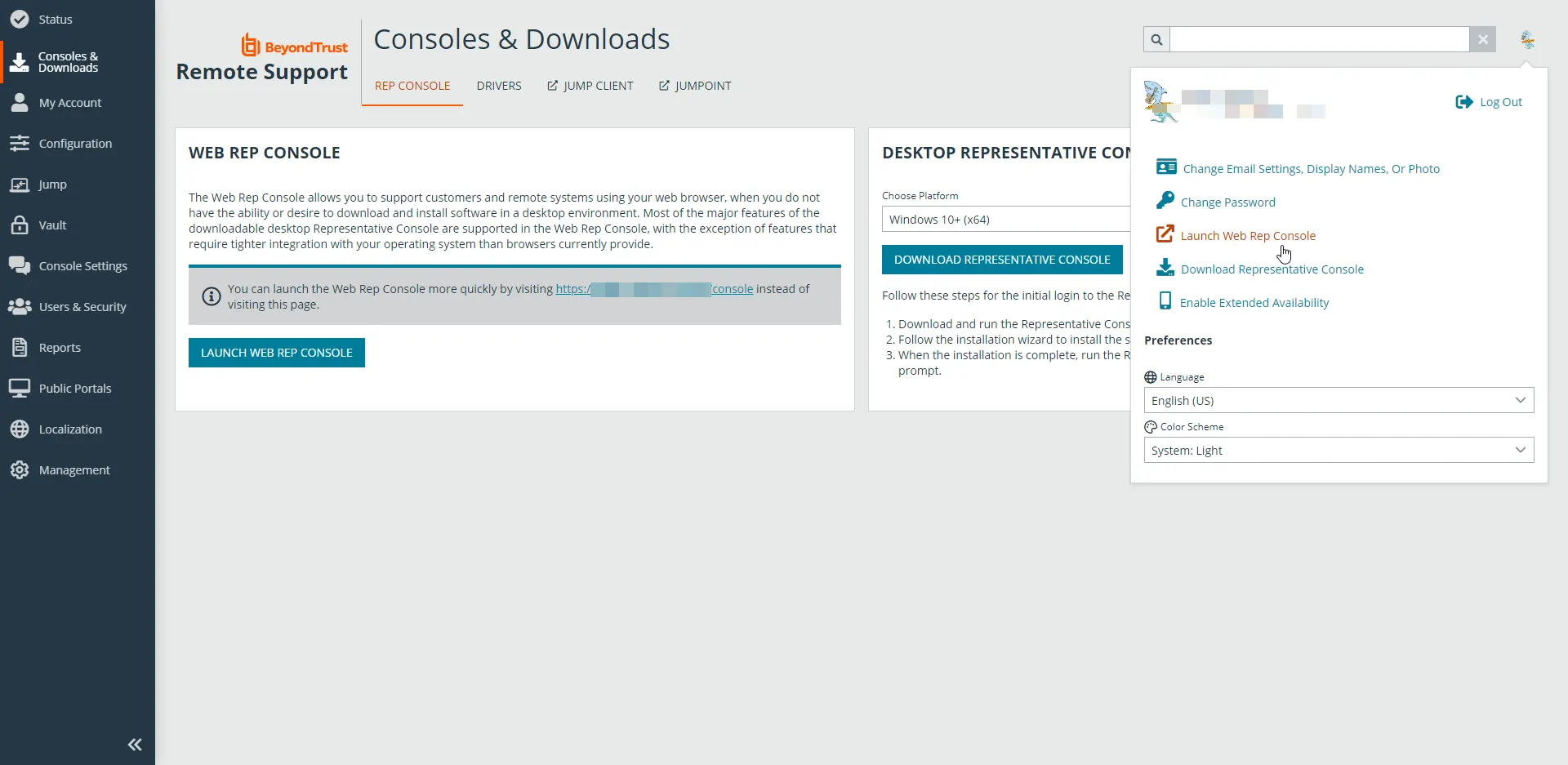RS web console main BT