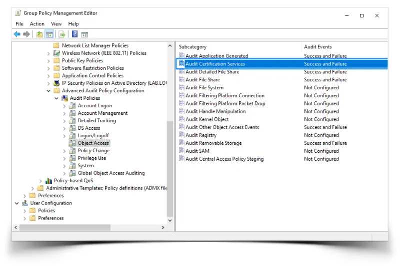 Success and Failure events verify settings have been enabled