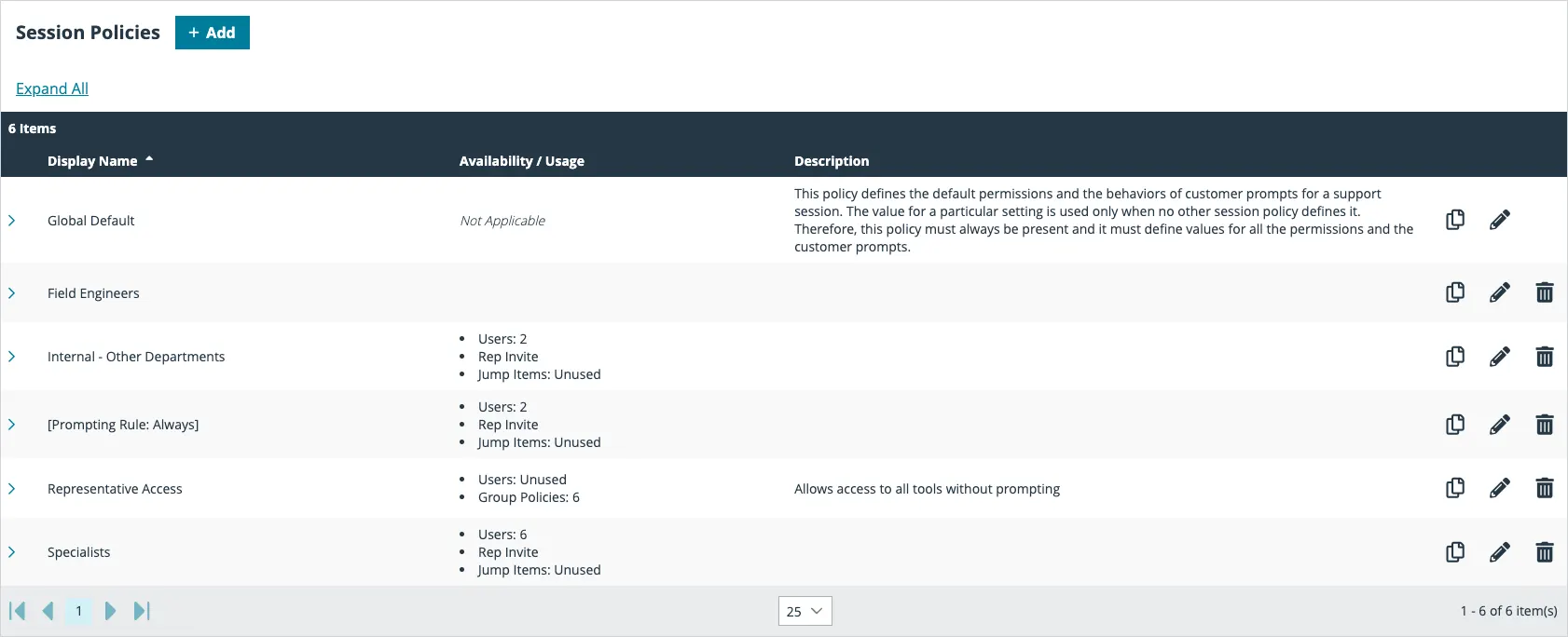 Remote support session policies 460