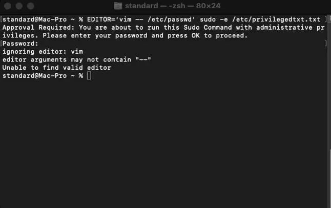 Privilege Management Mac blocking sudo exploit