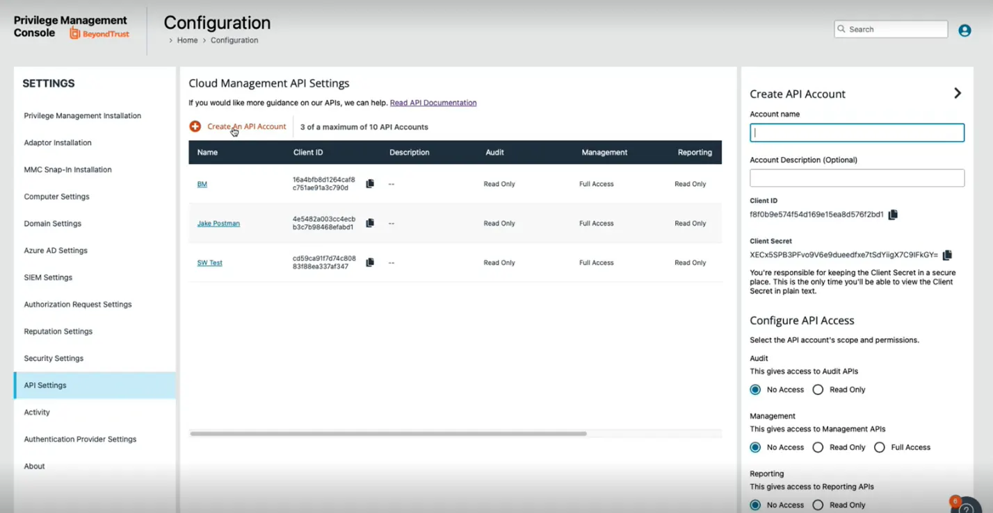 PMWM API settings page