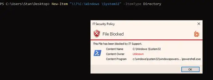 Mock Folder Exploit Blocked Within Power Shell By Using Content Rules