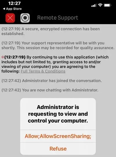 Onscreen Notice Enabling Remote Support Screensharing