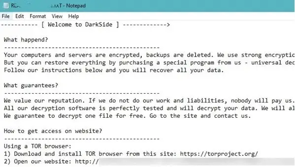 Example Dark Side Ransom Message