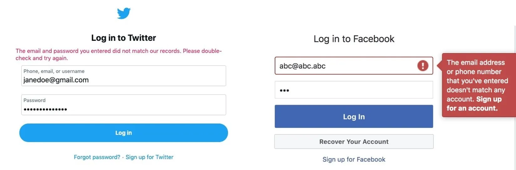 Twitter Facebook Login Failures
