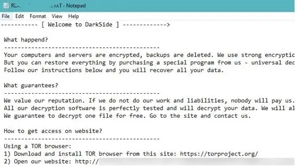 Example Dark Side Ransom Message