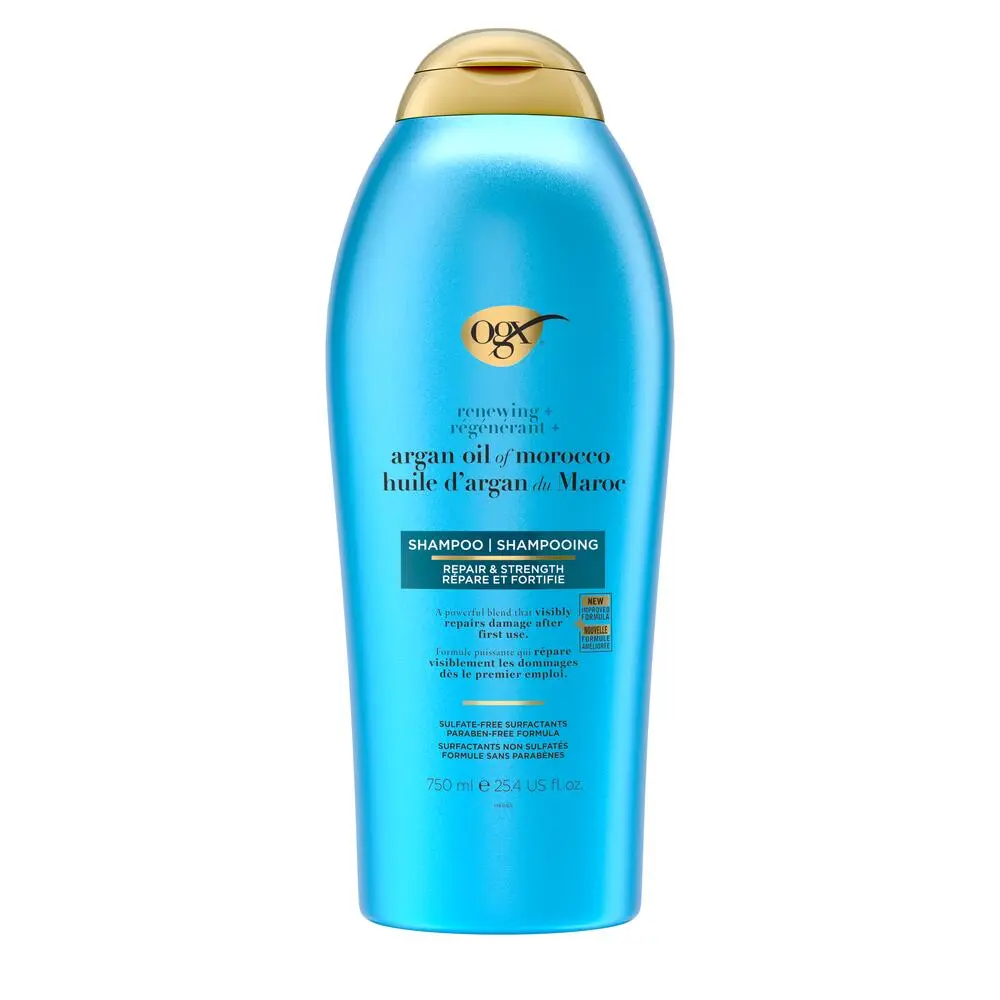 Vue avant du shampooing régénérant + huile d’argan du Maroc OGX®, 750 ml, tube compressible