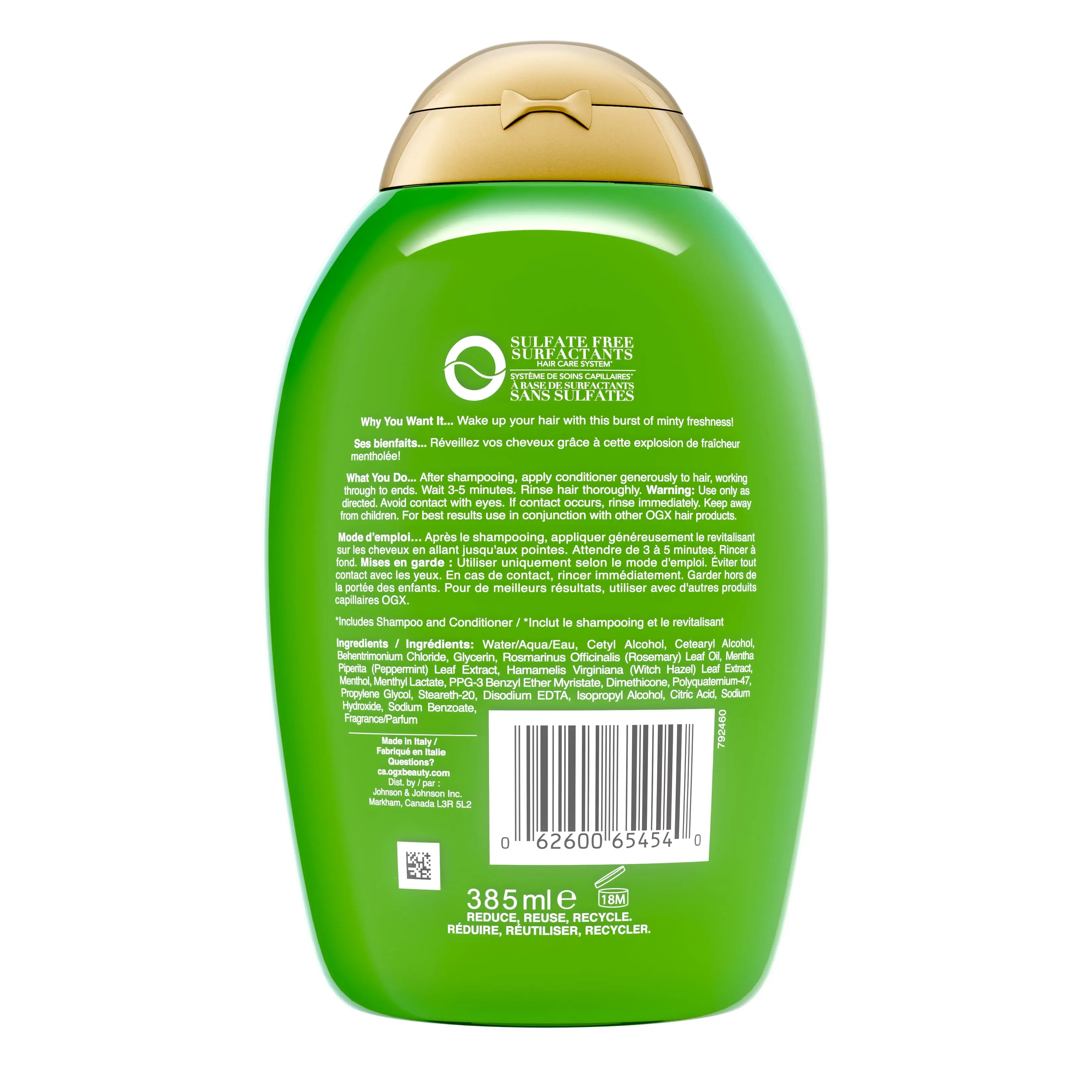 Back shot of OGX® Refreshing Scalp+ Rosemary Mint Extra Strength Conditioner, 385 mL bottle