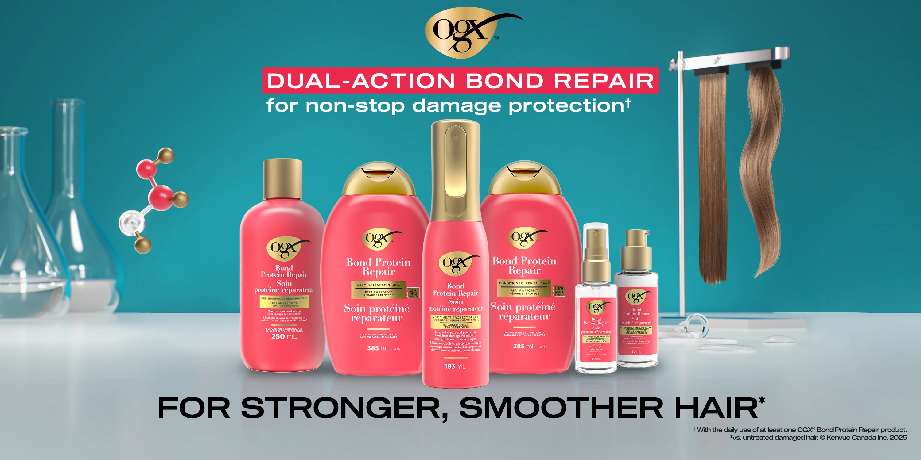 A banner displaying five OGX® Bond Protein Repair Haircare products next to healthy hair strands and lab bottles  