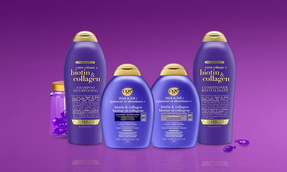 A banner displaying OGX® Canada Biotin & Collagen Hair Care Line products