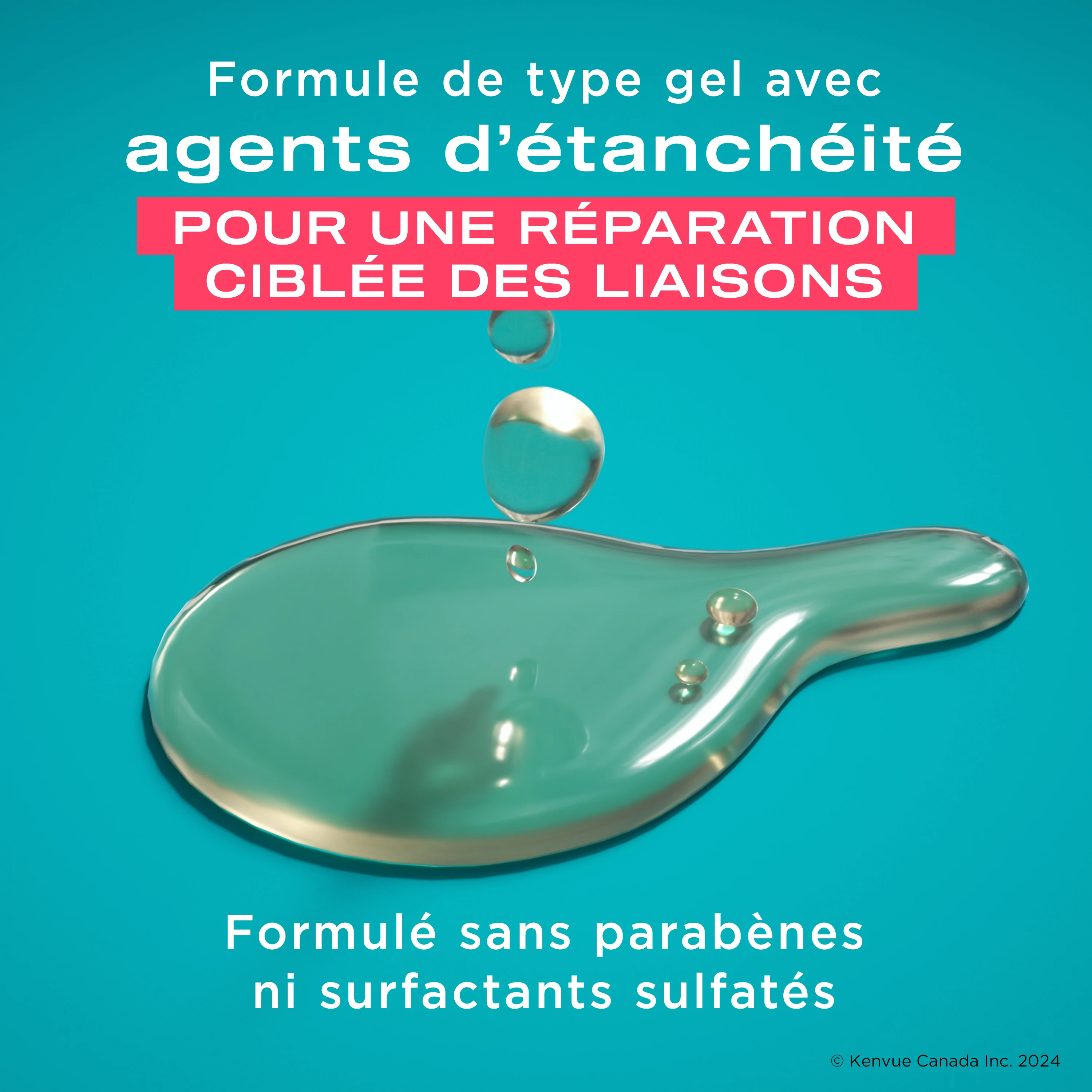 Gouttes du sérum capillaire Soin protéiné réparateur OGX® sur un fond bleu