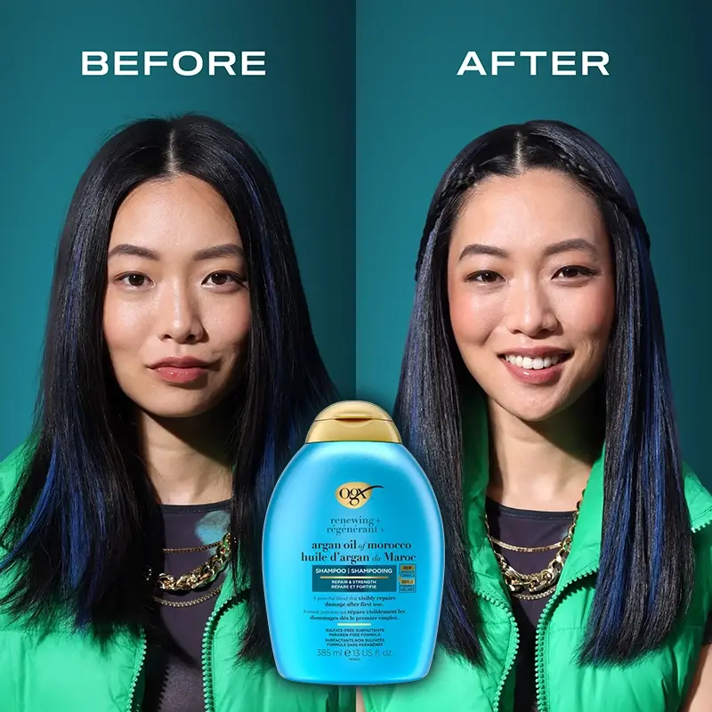 Before and after image of a woman’s hair after using OGX® Argan Oil of Morocco shampoo