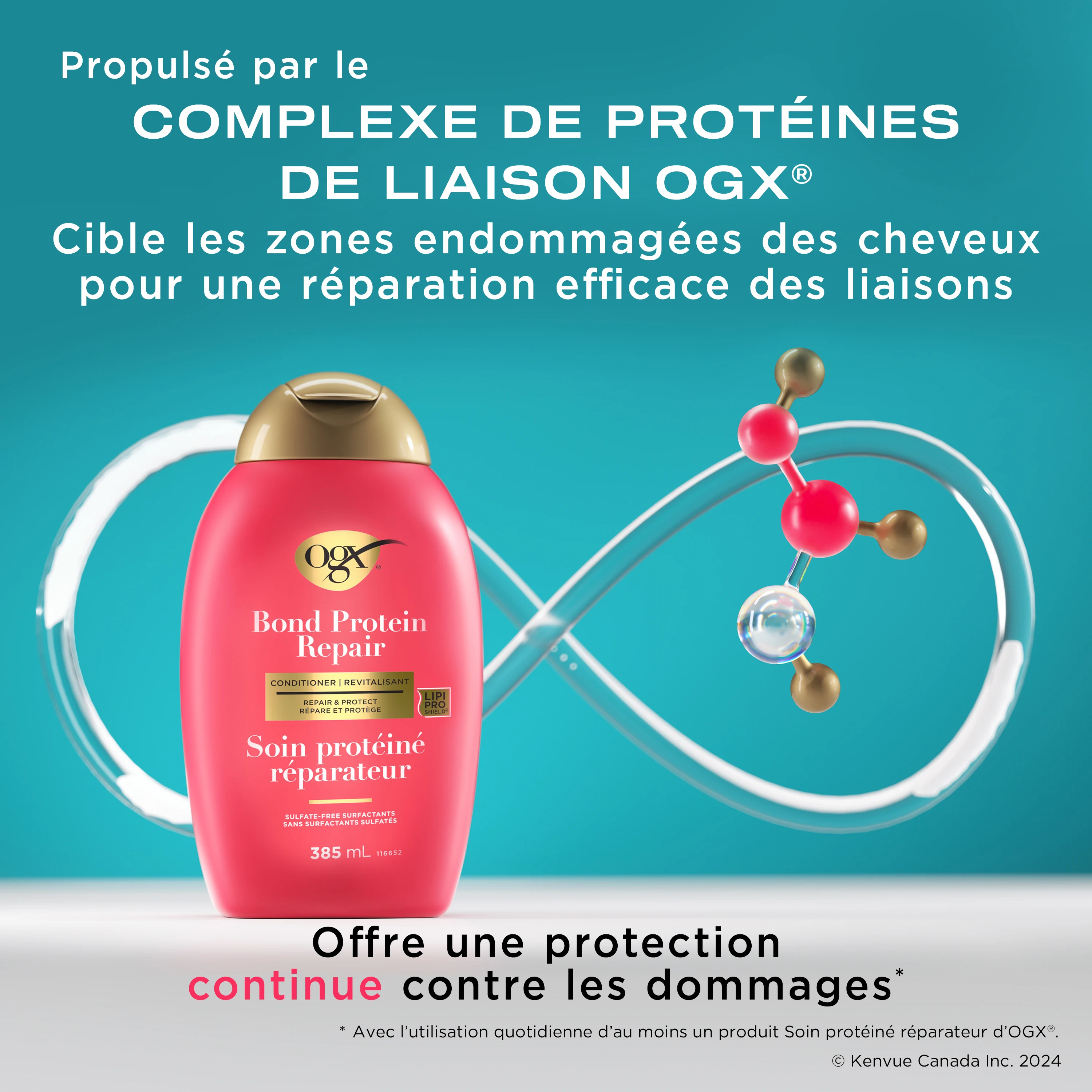 Vue avant du revitalisant Soin protéiné réparateur OGX® de 385 mL et une illustration de molécules et d’un tube en forme de symbole de l’infini en arrière-plan
