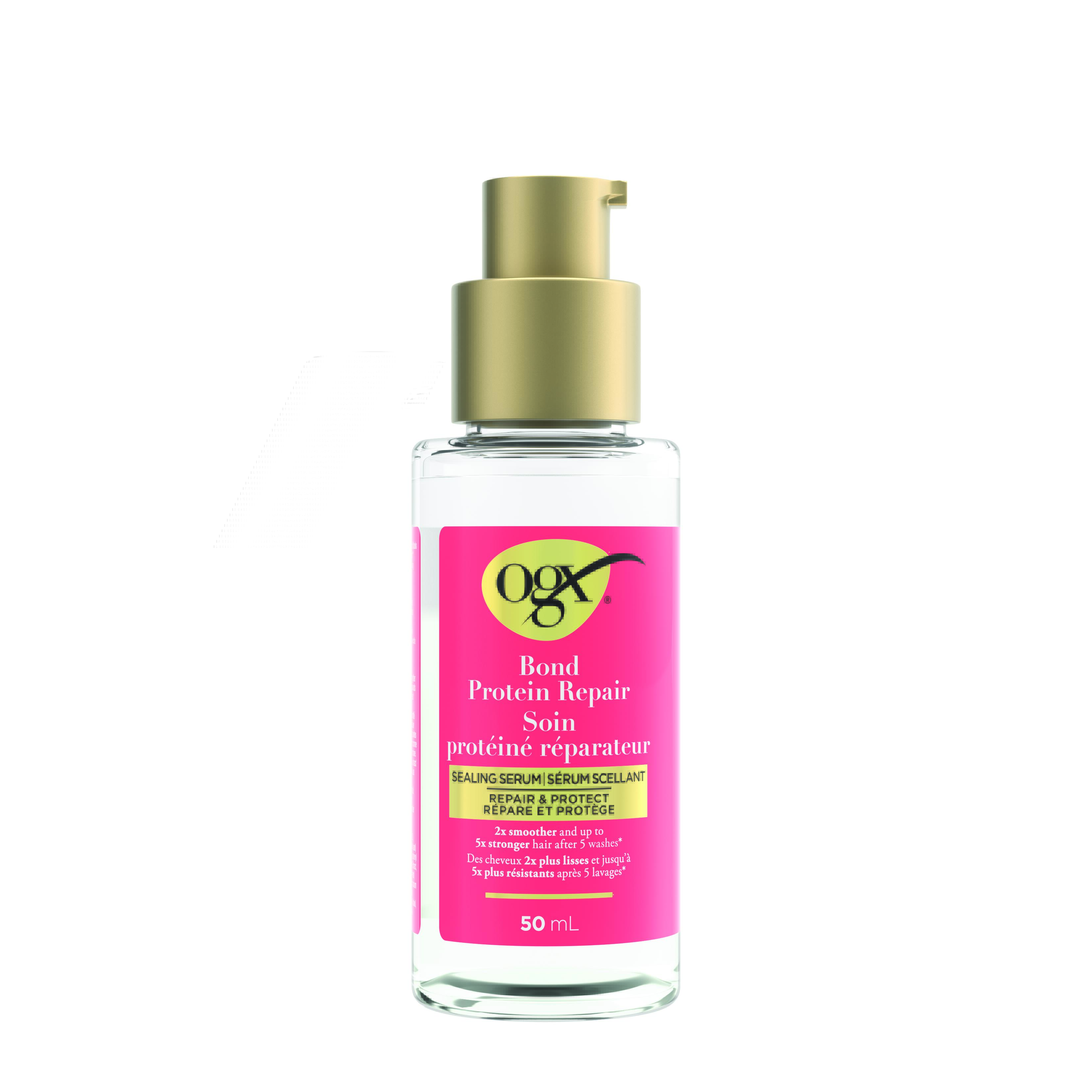 Vue de face du sérum scellant Soin protéiné réparateur OGX®, bouteille de 50 mL et son emballage