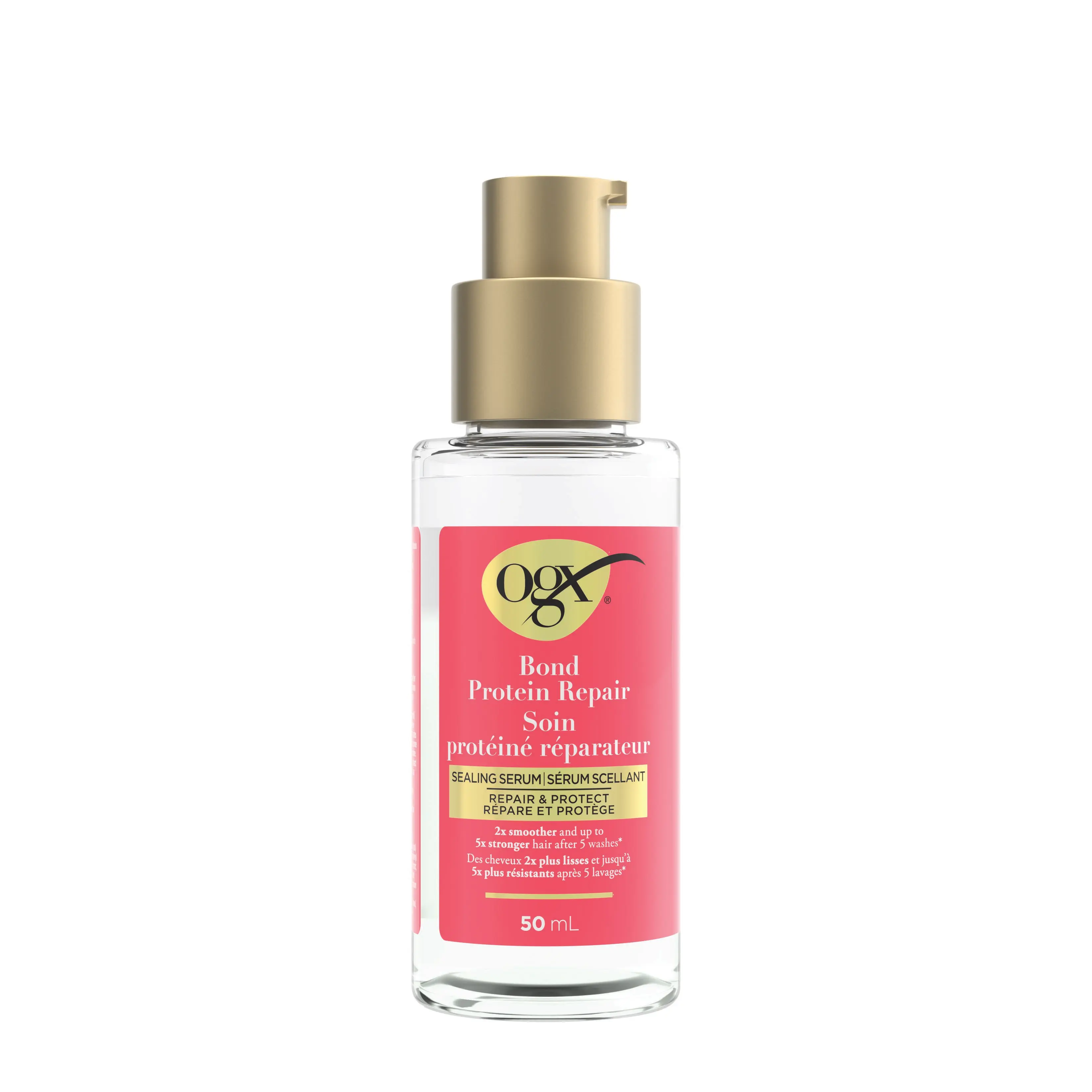Front shot of OGX® Bond Protein Repair Sealing Serum, 50 mL bottle and its packaging
