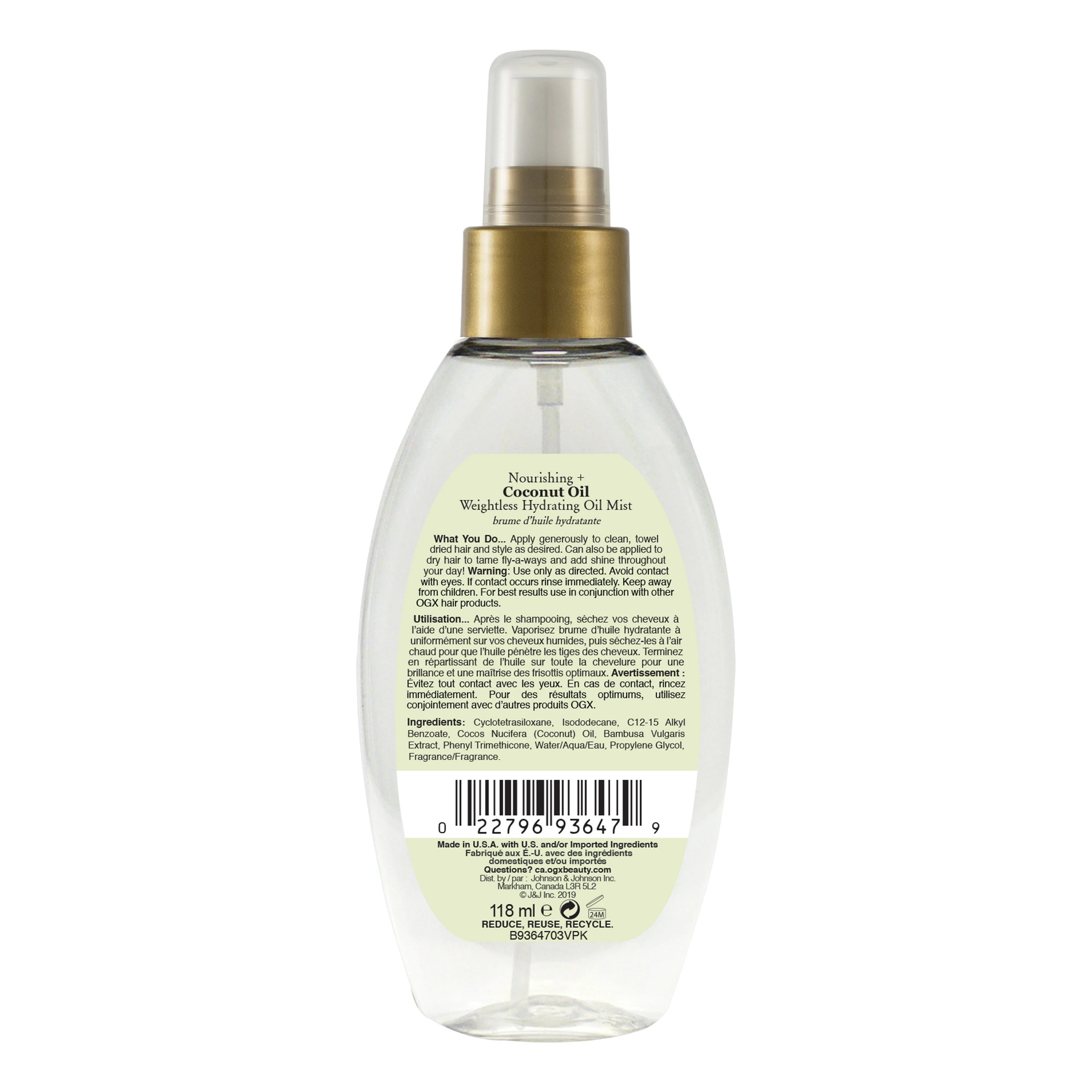 Back shot of OGX® Nourishing+ Coconut Oil Weightless Hydrating Oil Mist, 118 mL bottle