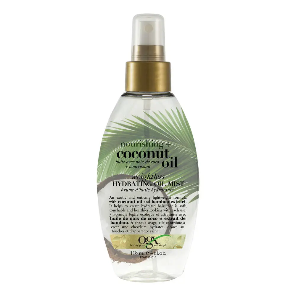 Vue avant de la brume d’huile capillaire hydratante, légère et nourrissante + huile de noix de coco OGX®, bouteille de 118 mL