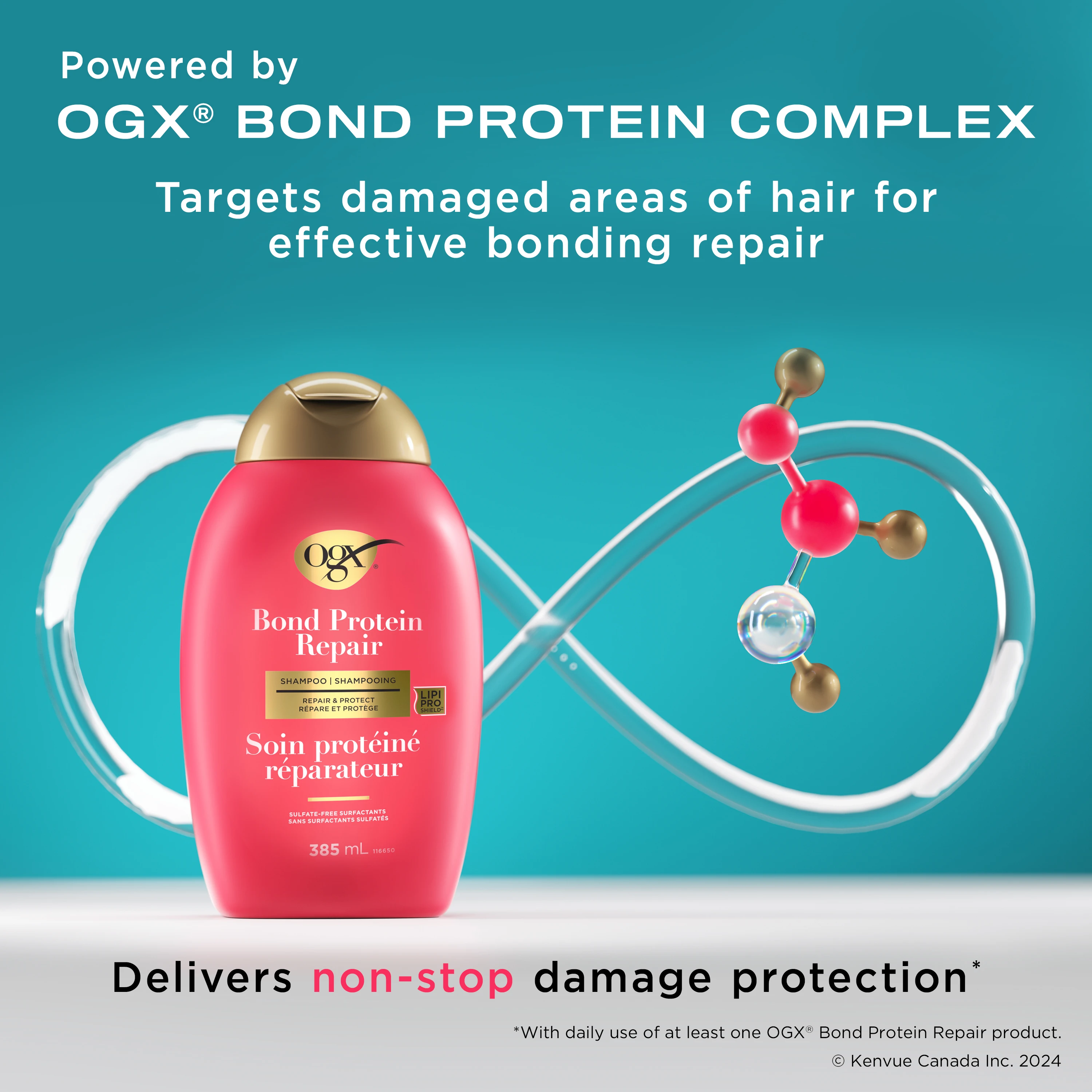 Front shot of OGX® Bond Protein Repair Shampoo bottle, 385 mL and illustration of molecules and infinity shaped tube at the background
