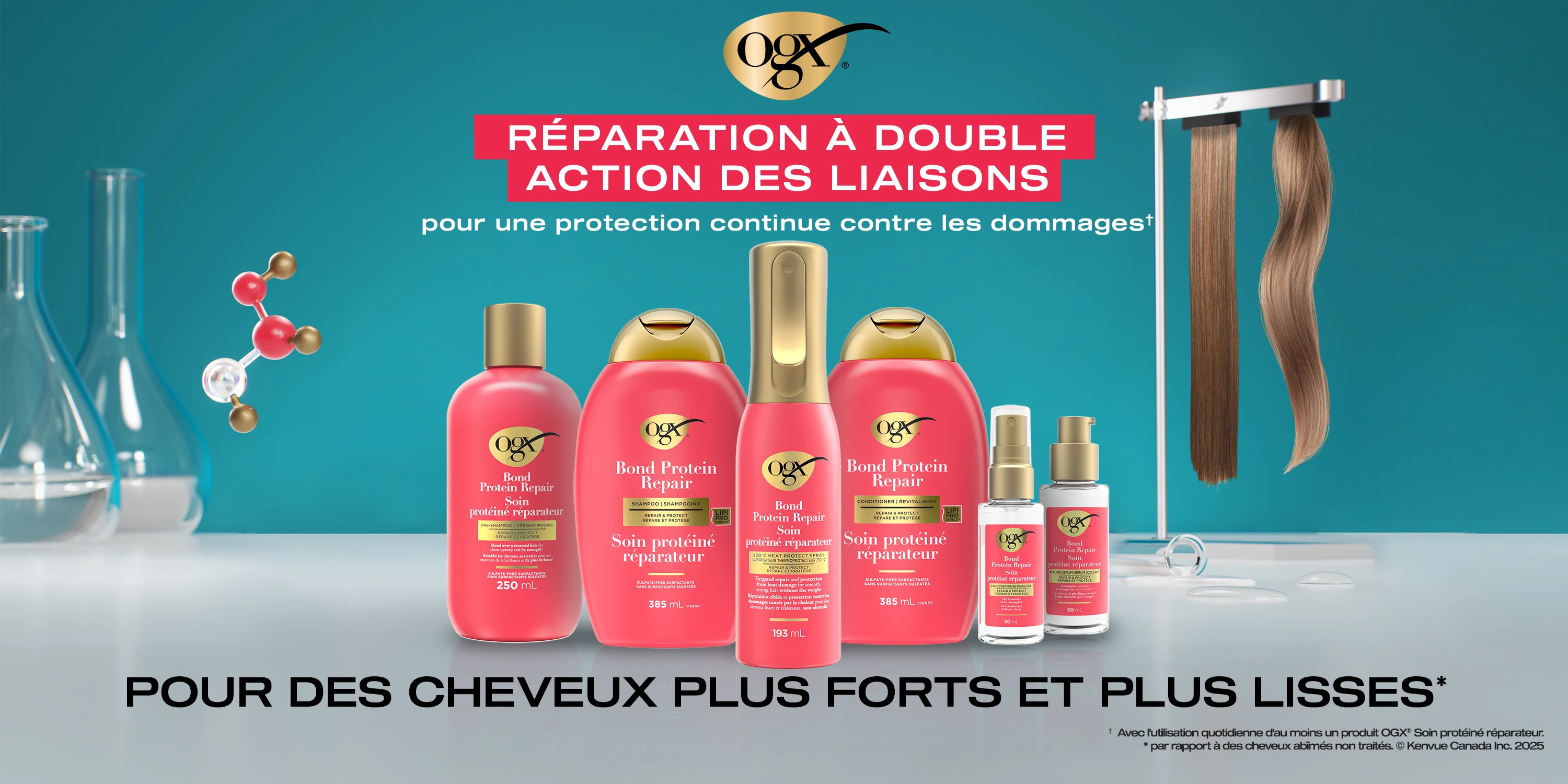 Une bannière affichant cinq produits de la gamme de soins capillaires Soin protéiné réparateur d’OGX® à côté de mèches de cheveux sains