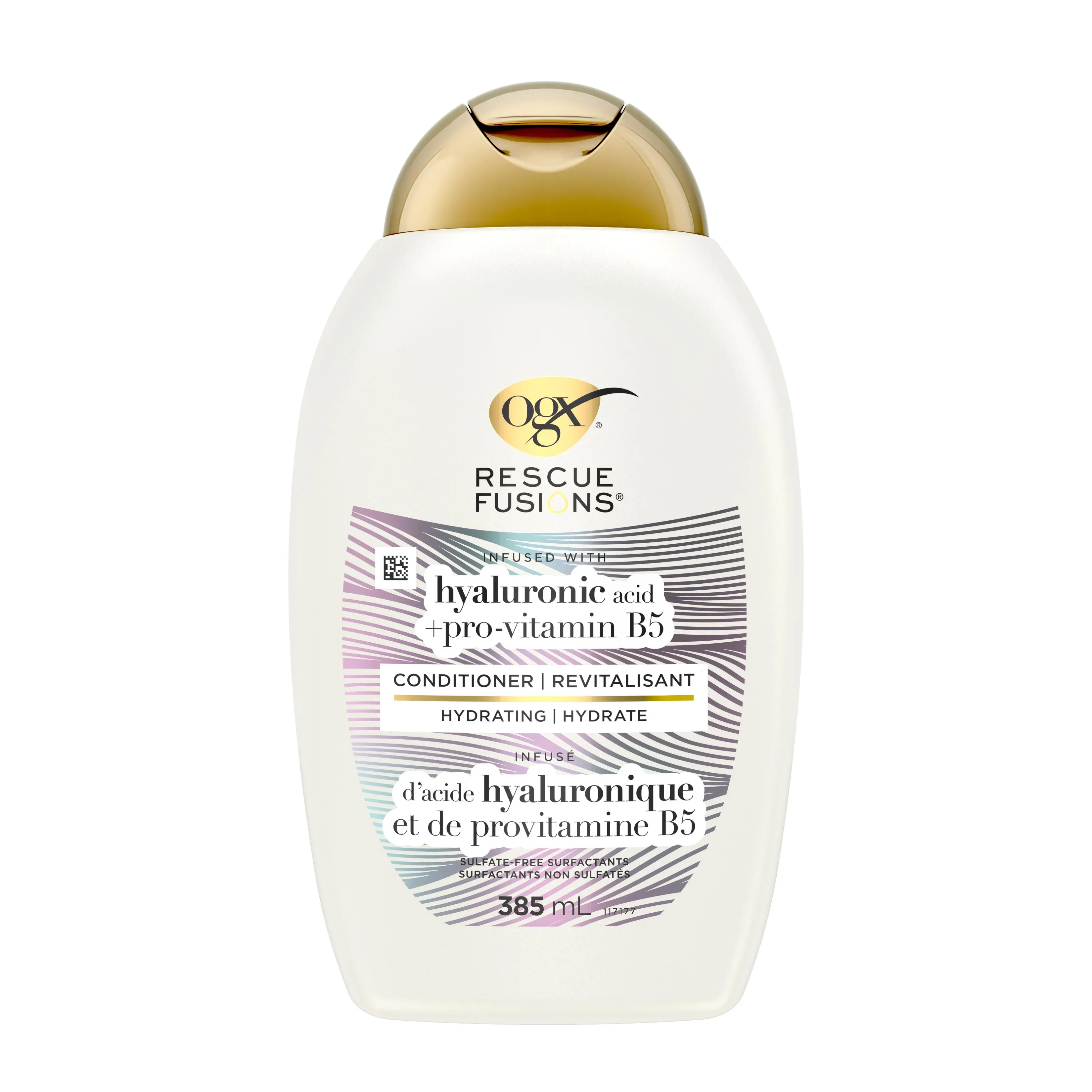 Front shot of OGX® Rescue Fusions® Hyaluronic Acid + Pro-Vitamin B5 conditioner for dry hair, 385mL bottle