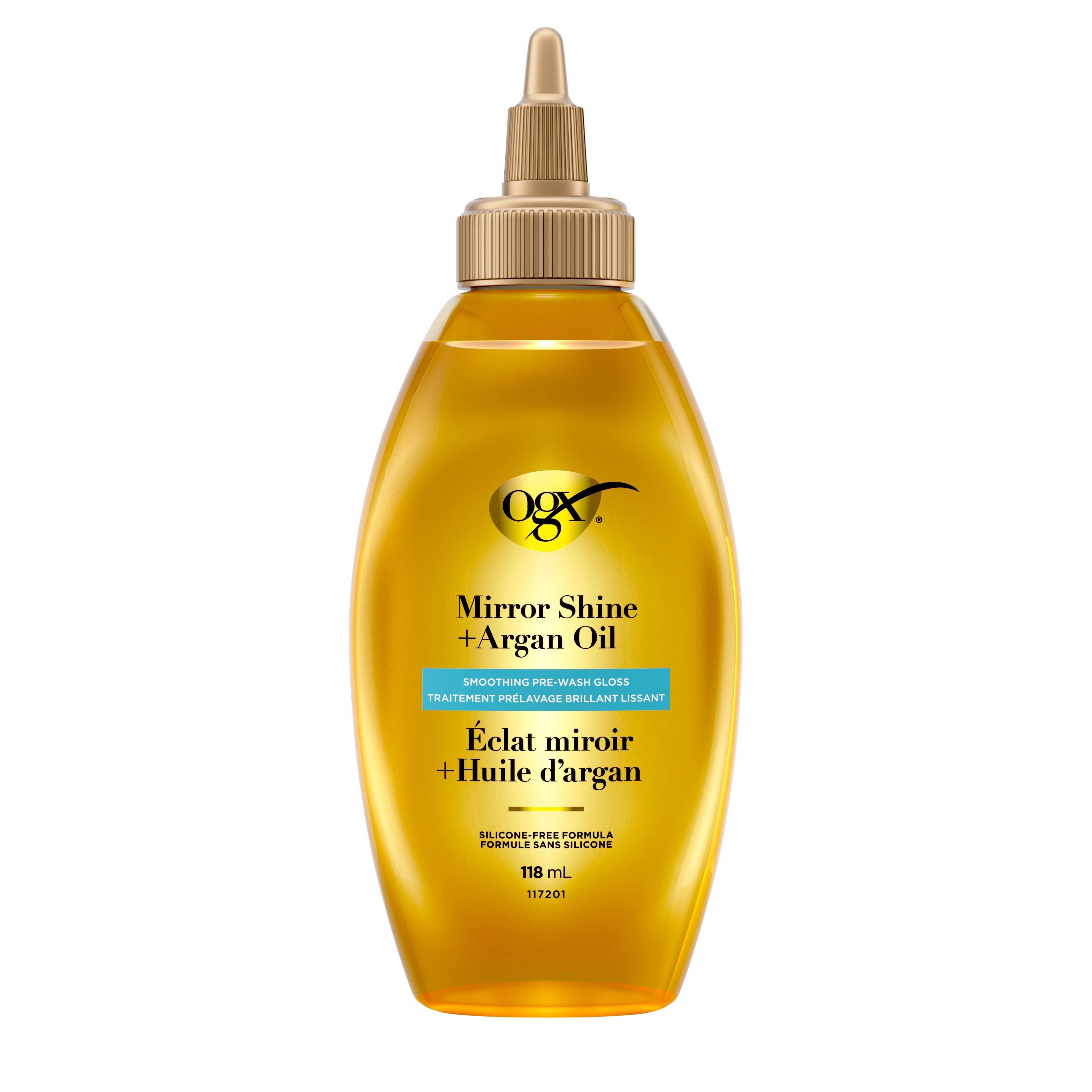 Front shot of OGX® Mirror Shine + Argan Oil Pre-Wash Hair Gloss 118mL squeeze bottle​
