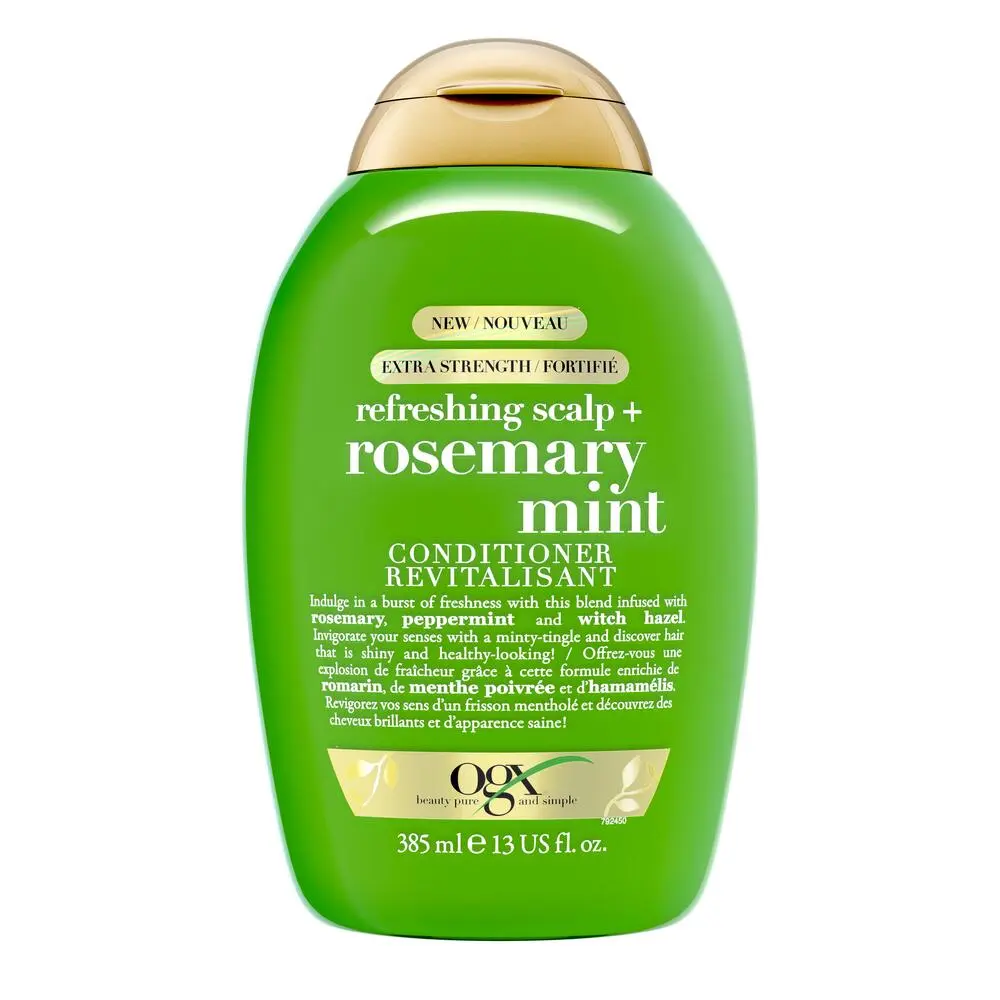 Vue de face revitalisant extra fort pour cuir chevelu revigoré + romarin et menthe OGX®, bouteille de 385 mL